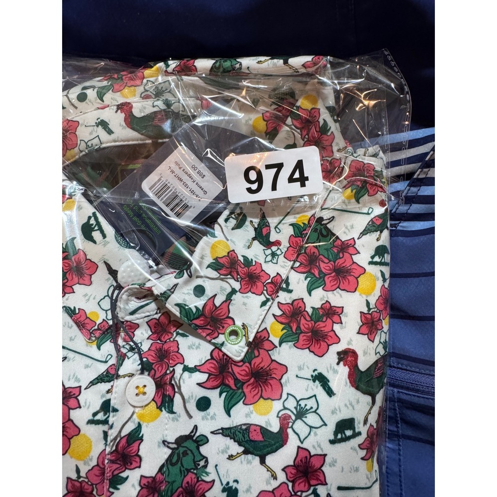 William Murray Golf Mens Greens Keepers Polo Shirt White Floral Animal Large NWT - Picture 12 of 12